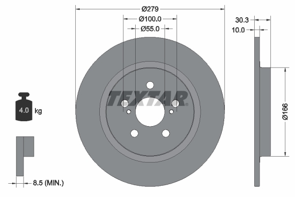 Disc frana TOYOTA URBAN CRUISER (_P1_) 1.4 D-4D 4WD (NLP115_, NLP115R) diesel 90 cai TEXTAR 92228303