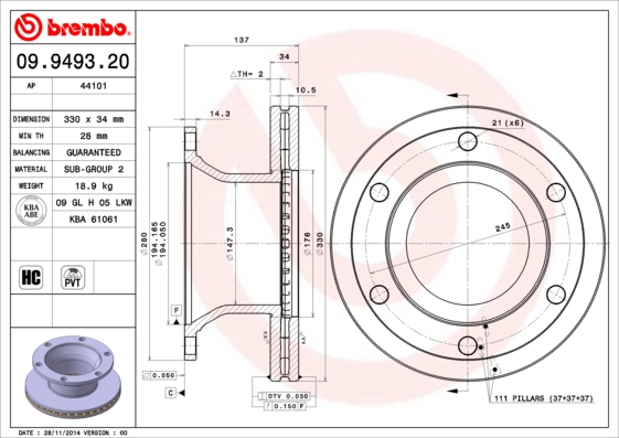 Disc frana VOLVO FM III 460 diesel 461 cai BREMBO 09.9493.20