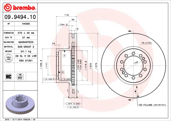 Disc frana VOLVO FL III FL 260-14 diesel 260 cai BREMBO 09.9494.10