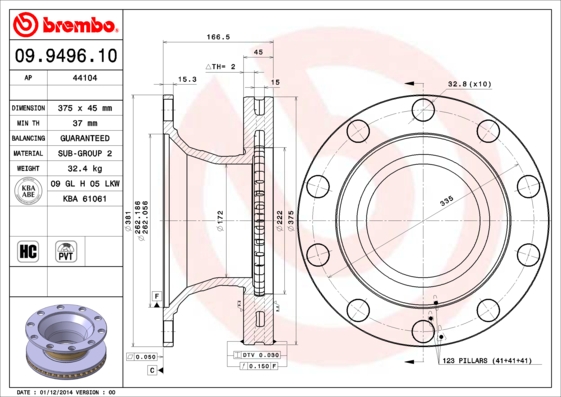 Disc frana VOLVO FL II FL 340-12 diesel 340 cai BREMBO 09.9496.10