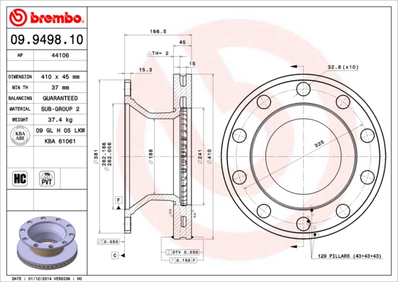 Disc frana VOLVO FL III FL 290-18 diesel 290 cai BREMBO 09.9498.10