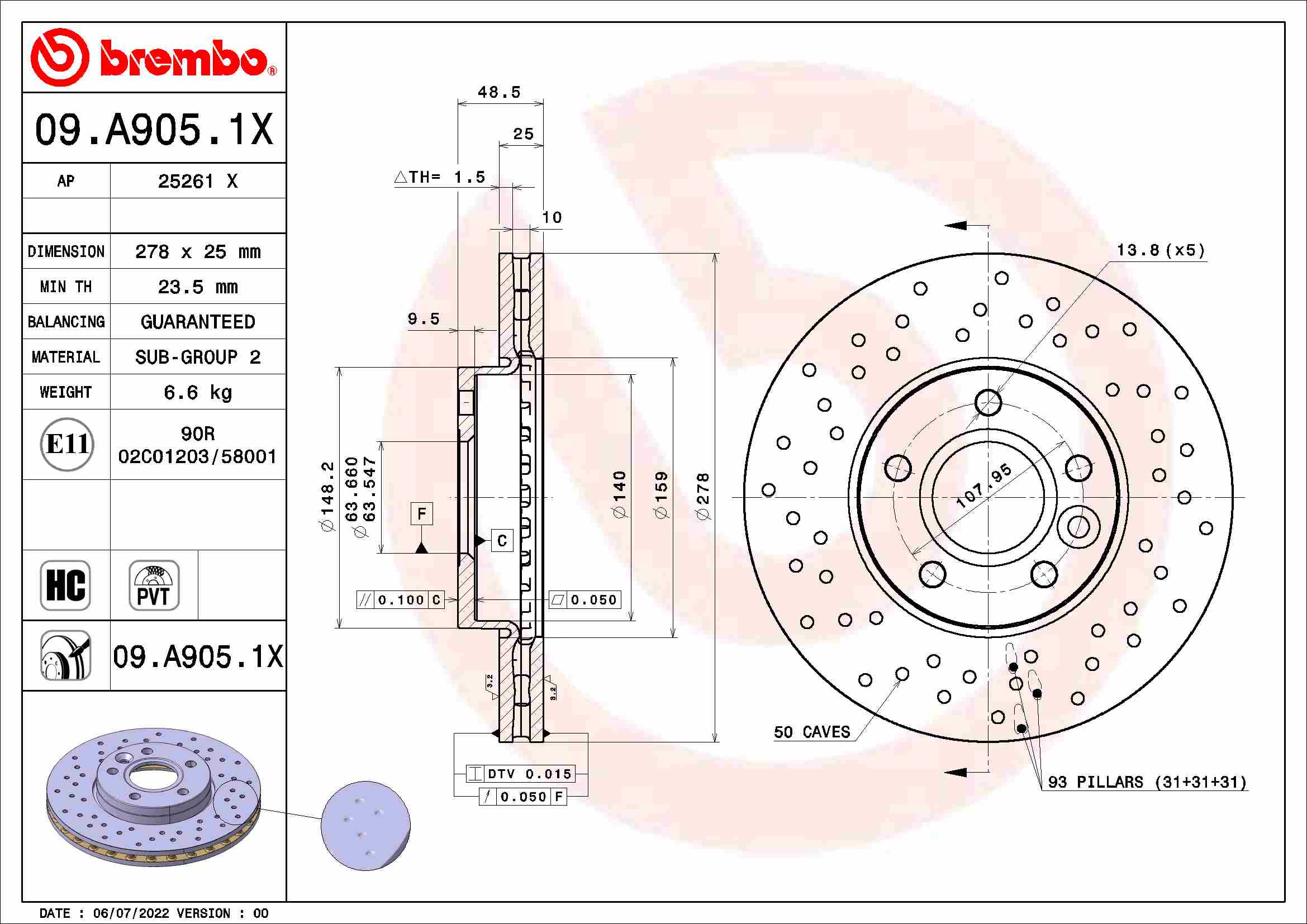 Disc frana VOLVO C30 (533) D5 diesel 163 cai BREMBO 09.A905.1X