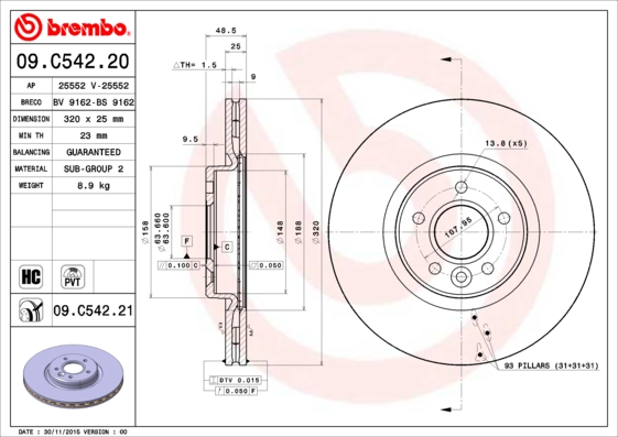 Disc frana VOLVO C30 (533) D5 diesel 180 cai BREMBO 09.C542.21