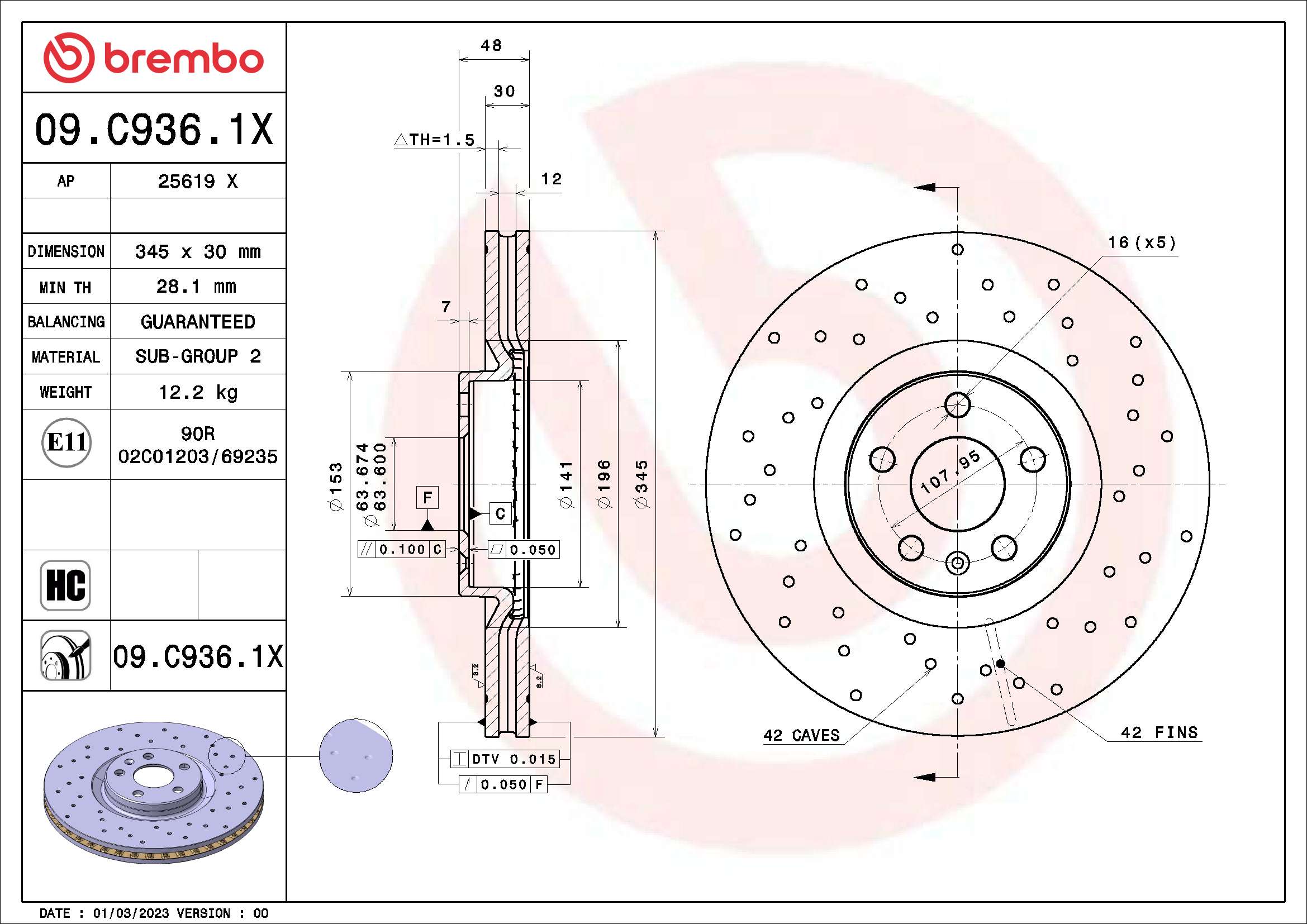 Disc frana VOLVO C40 (539) Recharge electric 238 cai BREMBO 09.C936.1X