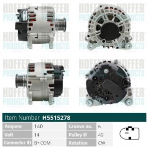 Alternator VW AMAROK (2HA, 2HB, S1B, S6B, S7A, S7B) 2.0 BiTDI 4motion diesel 180 cai HOFFER H5515278