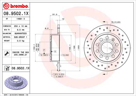 Disc frana VW GOLF VII (5G1, BQ1, BE1, BE2) 2.0 R 4motion benzina 280 cai BREMBO 08.9502.1X