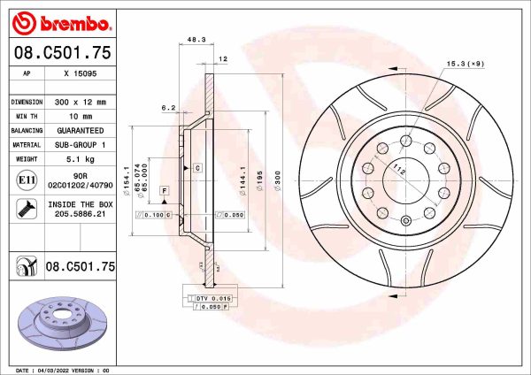Disc frana VW CADDY V Autoutilitara/limuzina spatioasa (SBA, SBH) 2.0 TDI BMT 4motion diesel 122 cai BREMBO 08.C501.75