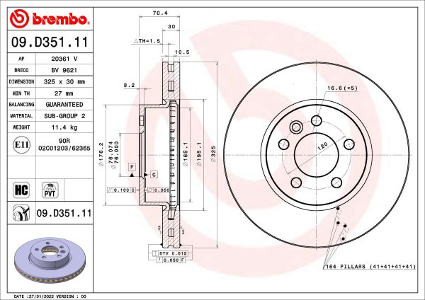 Disc frana VW CRAFTER caroserie (SY_, SX_) 2.0 TDI diesel 140 cai BREMBO 09.D351.11