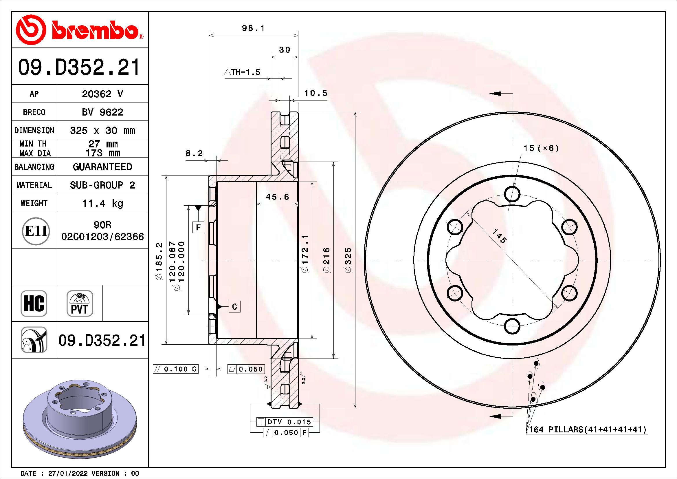 Disc frana VW CRAFTER caroserie (SY_, SX_) 2.0 TDI diesel 140 cai BREMBO 09.D352.21