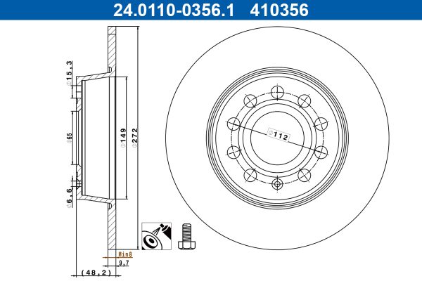 Disc frana VW CADDY V Autoutilitara/limuzina spatioasa (SBA, SBH) 1.5 TSi EVO benzina 114 cai ATE 24.0110-0356.1