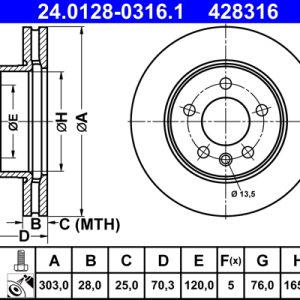 Disc frana VW CRAFTER caroserie (SY_, SX_) 2.0 TDI diesel 140 cai ATE 24.0128-0316.1