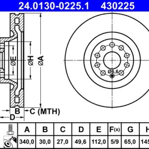 Disc frana VW GOLF ALLTRACK VII Variant (BA5, BV5) 1.8 TSI 4motion benzina 180 cai ATE 24.0130-0225.1