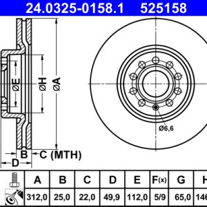 Disc frana VW CADDY CALIFORNIA V Camper (SBB, SBJ) 2.0 TDi BMT diesel 102 cai ATE 24.0325-0158.1