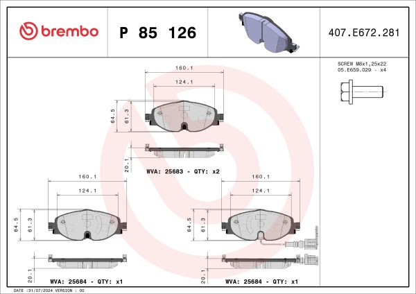 Placute frana VW ARTEON (3H7, 3H8) 2.0 TSI R benzina 320 cai BREMBO P 85 126