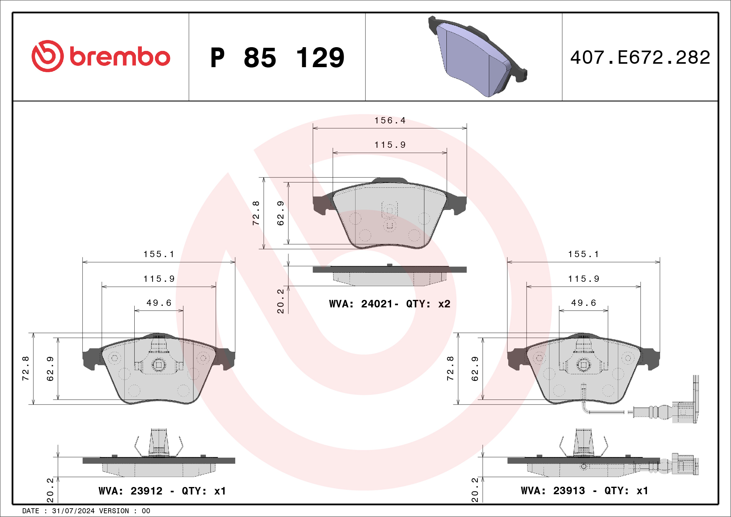 Placute frana VW GOLF VI (5K1) 2.0 TFSI 4motion benzina 260 cai BREMBO P 85 129X
