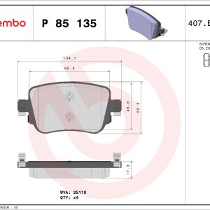 Placute frana VW CADDY IV Autoutilitara/limuzina spatioasa (SAA, SAH) ABT e-Caddy electric 113 cai BREMBO P 85 135