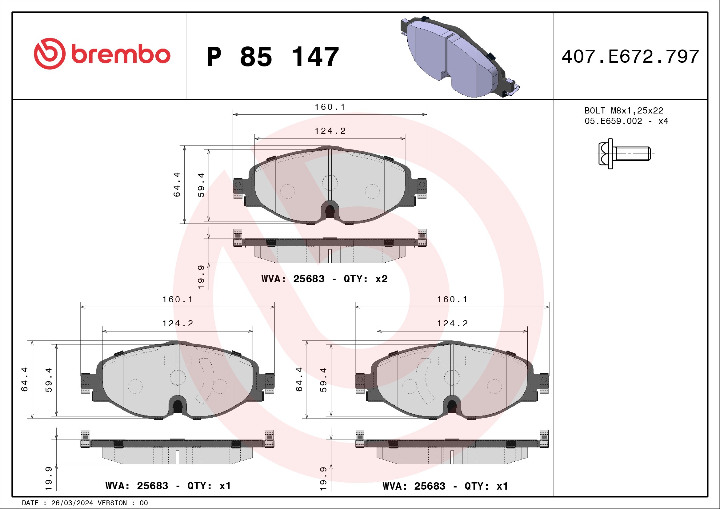 Placute frana VW CADDY V microbus (SBB, SBJ) 2.0 diesel 110 cai BREMBO P 85 147X