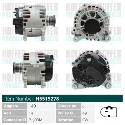 Alternator VW AMAROK (2HA, 2HB, S1B, S6B, S7A, S7B) 2.0 BiTDI diesel 180 cai HOFFER H5515278