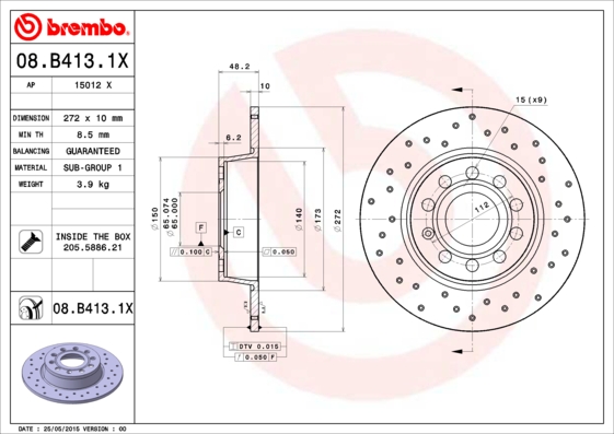 Disc frana VW GOLF SPORTSVAN VII (AM1, AN1) 1.4 TSI benzina 150 cai BREMBO 08.B413.1X