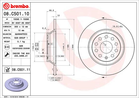 Disc frana VW CADDY V Autoutilitara/limuzina spatioasa (SBA, SBH) 2.0 TDi BMT diesel 102 cai BREMBO 08.C501.11