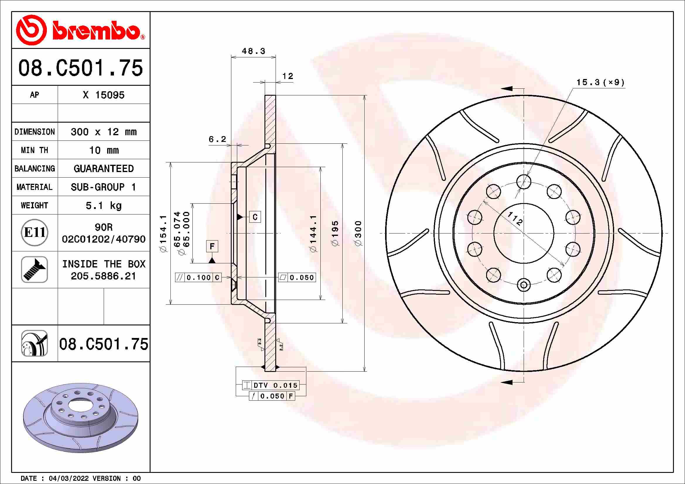 Disc frana VW ARTEON SHOOTING BRAKE (3H9) 2.0 TSi benzina 190 cai BREMBO 08.C501.75