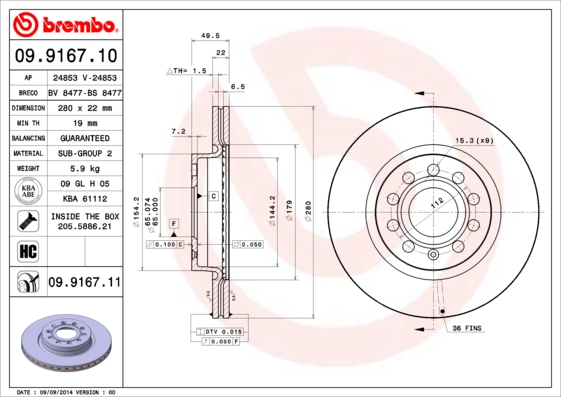 Disc frana VW GOLF VII (5G1, BQ1, BE1, BE2) 2.0 R 4motion benzina 280 cai BREMBO 09.9167.11