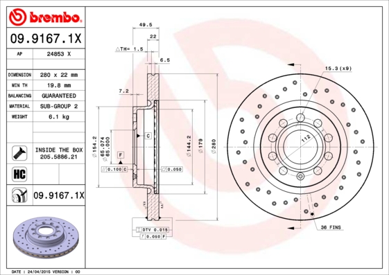Disc frana VW GOLF VI (5K1) Blue E-Motion electric 88 cai BREMBO 09.9167.1X