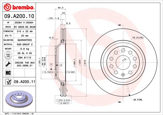 Disc frana VW GOLF ALLTRACK VIII (CG5) 2.0 TSI 4motion benzina 190 cai BREMBO 09.A200.11