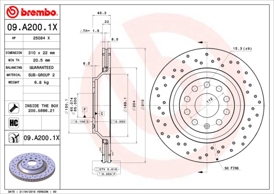 Disc frana VW GOLF ALLTRACK VIII (CG5) 2.0 TSI 4motion benzina 190 cai BREMBO 09.A200.1X