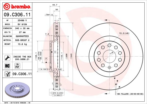 Disc frana VW GOLF ALLTRACK VIII (CG5) 2.0 TSI 4motion benzina 190 cai BREMBO 09.C306.11