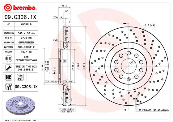 Disc frana VW ARTEON SHOOTING BRAKE (3H9) 2.0 TSI 4motion benzina 280 cai BREMBO 09.C306.1X