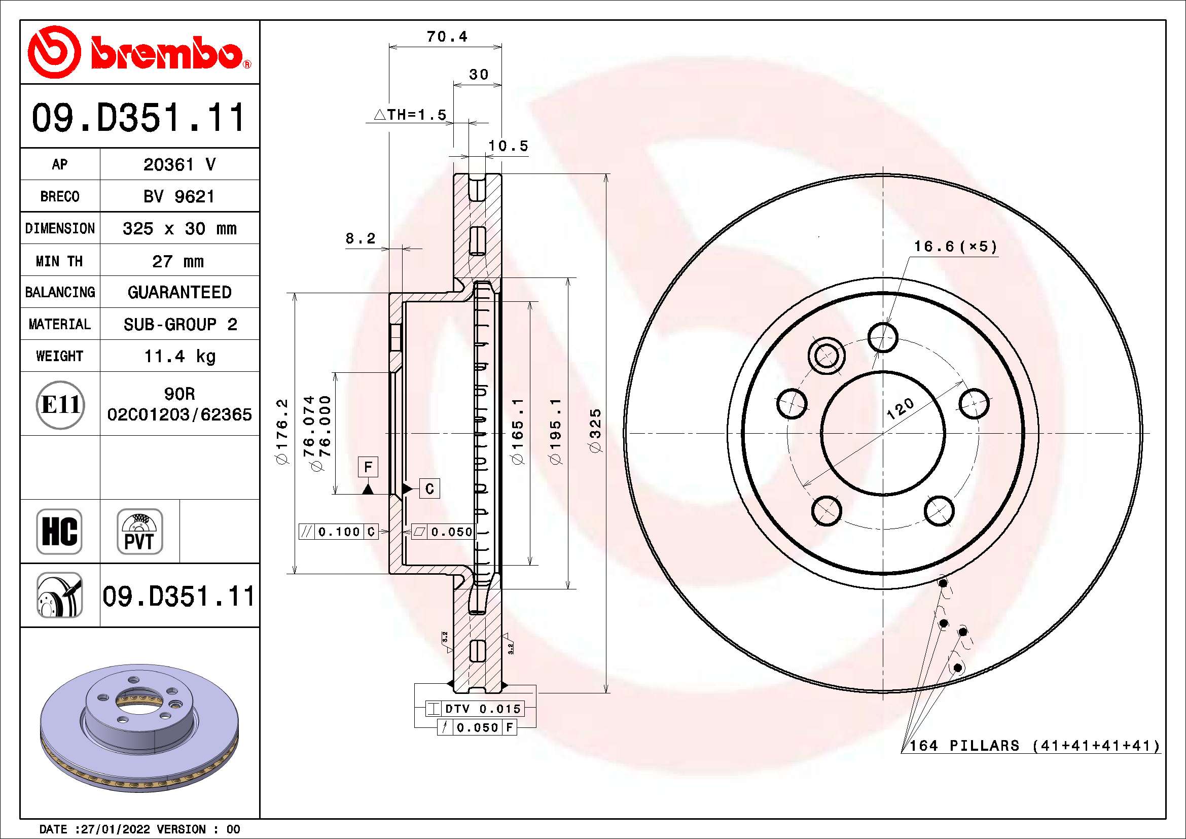 Disc frana VW CRAFTER platou / sasiu (SZ_) 2.0 TDI RWD diesel 163 cai BREMBO 09.D351.11