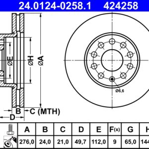 Disc frana VW GOLF ALLTRACK VII Variant (BA5, BV5) 1.8 TSI 4motion benzina 180 cai ATE 24.0124-0258.1