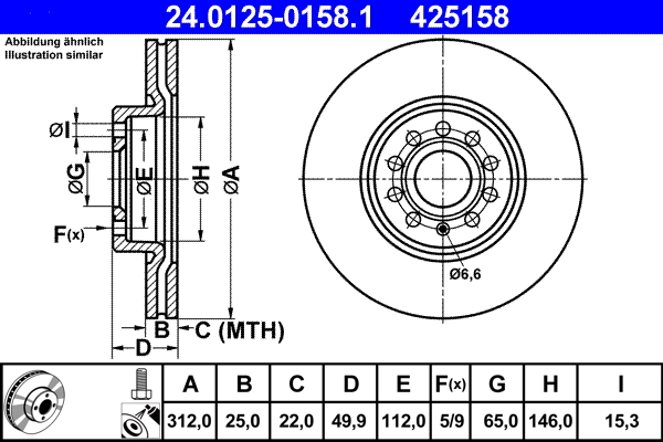 Disc frana VW GOLF VII (5G1, BQ1, BE1, BE2) 2.0 GTI benzina 220 cai ATE 24.0125-0158.1