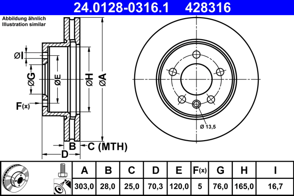 Disc frana VW CRAFTER caroserie (SY_, SX_) 2.0 TDI diesel 163 cai ATE 24.0128-0316.1