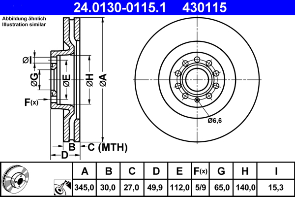 Disc frana VW GOLF VI Cabriolet (517) 2.0 TSI benzina 220 cai ATE 24.0130-0115.1