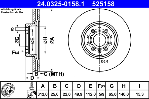 Disc frana VW GOLF SPORTSVAN VII (AM1, AN1) 1.4 TSI benzina 150 cai ATE 24.0325-0158.1