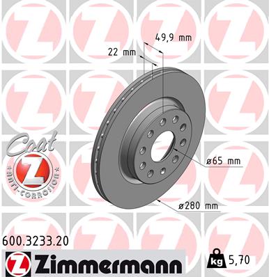 Disc frana VW GOLF VII (5G1, BQ1, BE1, BE2) 2.0 GTI benzina 220 cai ZIMMERMANN 600.3233.20