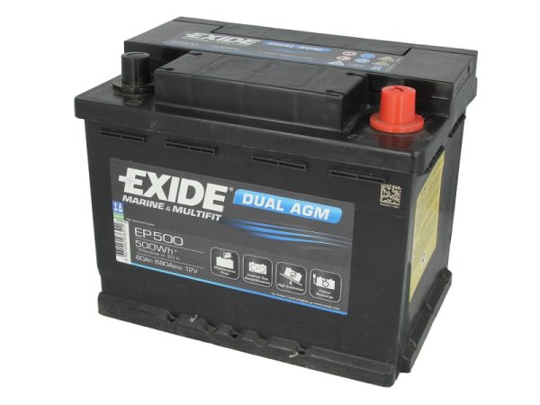 Baterie auto EXIDE Marine and Multifit DUAL AGM EP500, tensiune 12 V, amperaj 60 Ah, curent pornire 680 A, borna dreapta plus