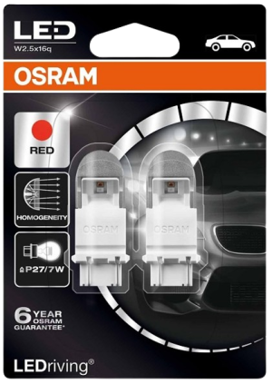 Set 2 becuri auto LED OSRAM 3557R-02B, P27/7W 2W, 12V, W2.5X16Q, rosu, blister