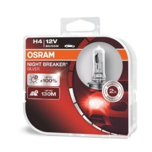 Set 2 becuri far faza lunga 12 V, H4 60/55 W Night Breaker Silver +100, OSRAM 64193NBS-HCB