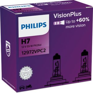 Set 2 becuri far H7 55W 12 V, Vision Plus, cutie, PHILIPS 12972VPC2