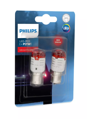 Set 2 becuri LED auto pentru semnalizare PHILIPS Ultinon Pro3000 SI 11498U30RB2, PR21W, soclu BA15S, rosu