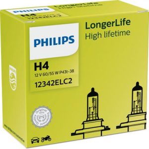 Set 2 becuri far faza lunga PHILIPS LongerLife 12342ELC2, H4, 12V, 60/55W, P43t-38, halogen