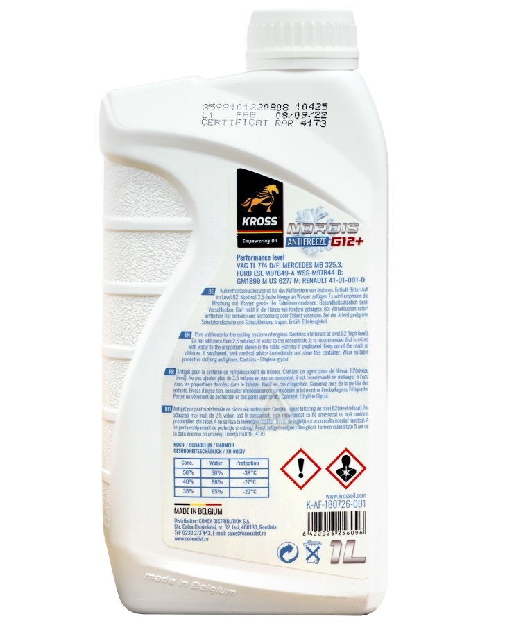 Antigel concentrat KROSS Nordis G12+ P81011-KRO001, volum 1 litru, roz Antigel concentrat KROSS Nordis G12+ P81011-KRO001, volum 1 litru, roz – imagine produs
