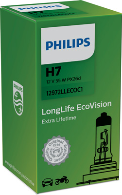 Bec far H7 55W 12 V, Longer Life Ecovision, cutie, PHILIPS 12972LLECOC1 – imagine produs