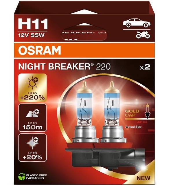 Set 2 becuri halogen auto OSRAM Night Breaker 220 64211NB220-2HB, H11, 12V, 62W, 1350 lumeni Set 2 becuri halogen auto OSRAM Night Breaker 220 64211NB220-2HB, H11, 12V, 62W, 1350 lumeni – imagine produs