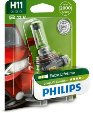 Bec far faza lunga PHILIPS LongLife EcoVision 12362LLECOB1, H11, 12V, 55W, PGJ19-2, 3000K, halogen – imagine produs