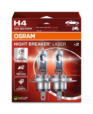 Set 2 becuri far faza lunga 12 V, H4 60/55 W Night Breaker Laser Nextgen +150, OSRAM 64193NL-HCB – imagine produs