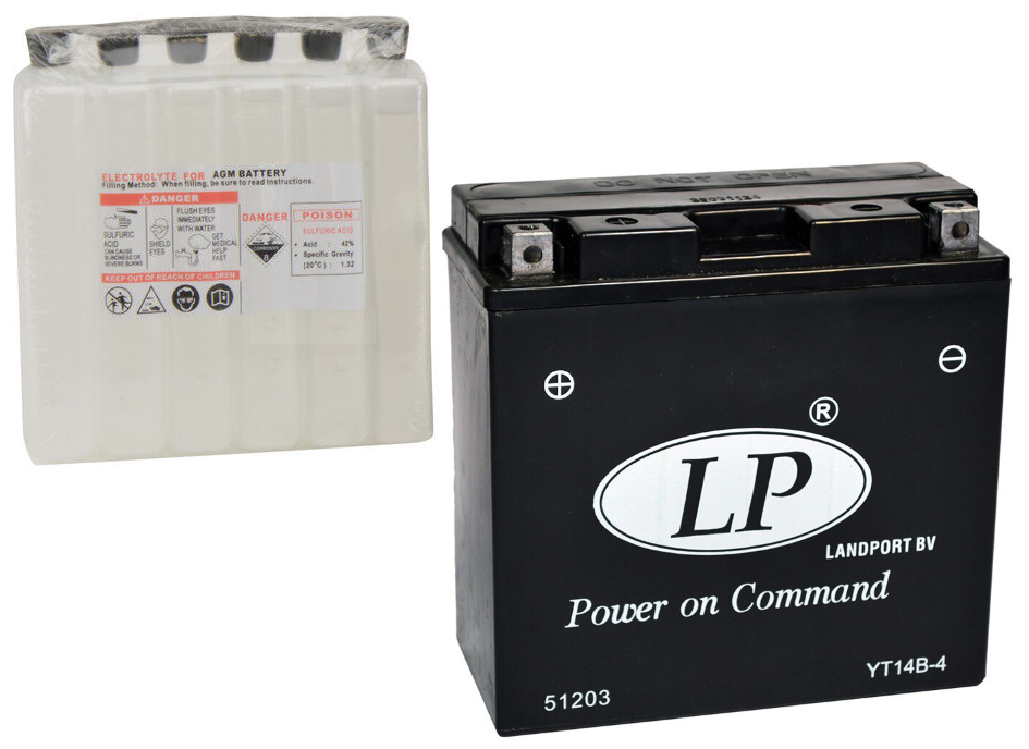 Baterie motocicleta LANDPORT AGM LP YT14B-BS, tensiune 12 V, amperaj 12 Ah, cu pachet acid Baterie motocicleta LANDPORT AGM LP YT14B-BS, tensiune 12 V, amperaj 12 Ah, cu pachet acid – imagine produs